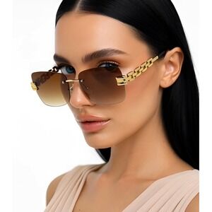 Rimless Sunglasses Square Gold Chain Detail Brown Lens Fashion Shades Luxury New